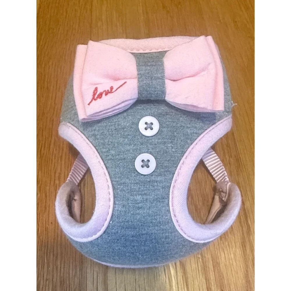 Pink & Gray Adjustable Dog Harness with Bow | Cute Small Dog Vest Harness